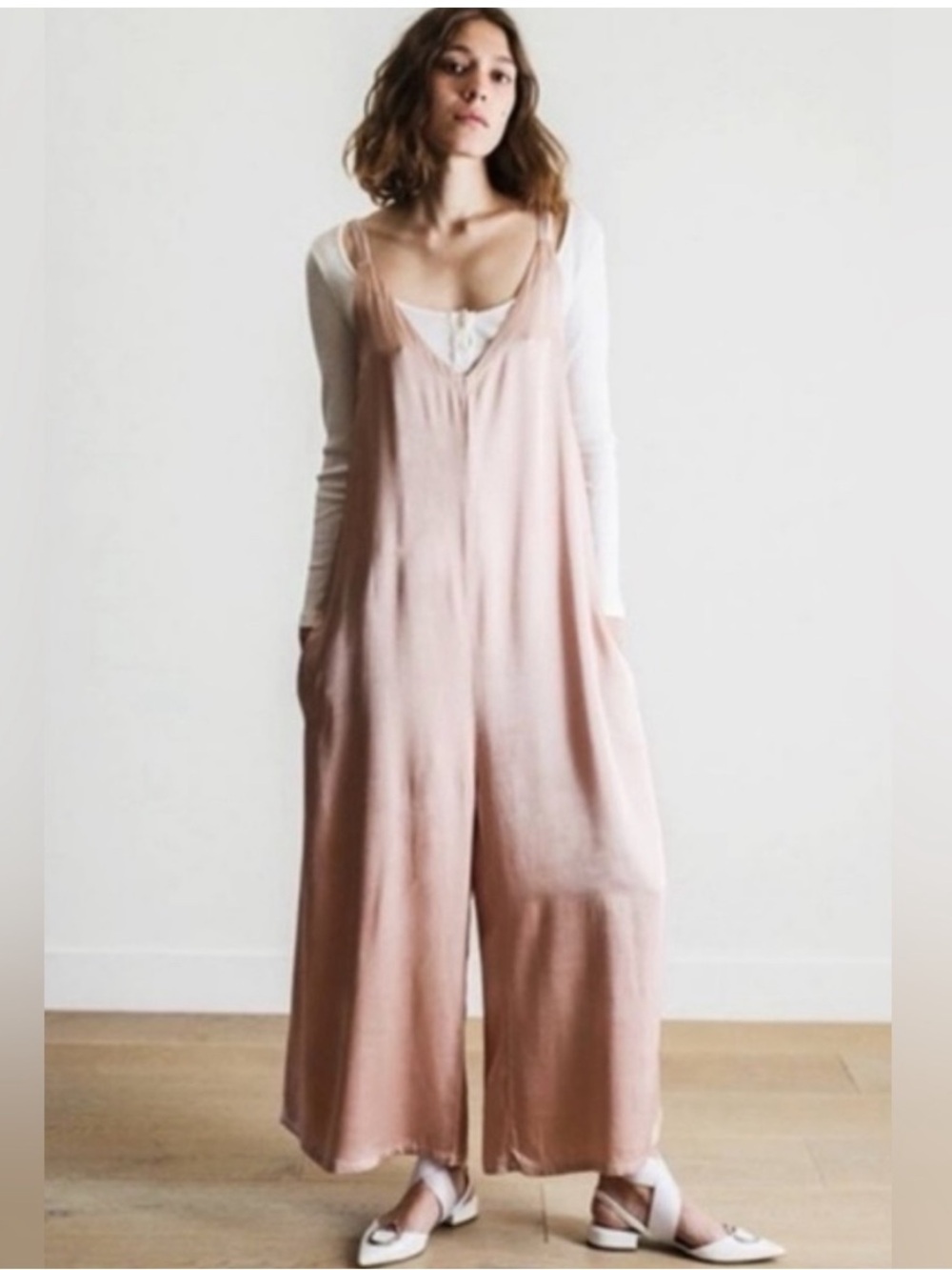 LACAUSA Santi Jumpsuit Romper Dusty Rose Satin Wide Leg Size XS - Picture 5 of 14